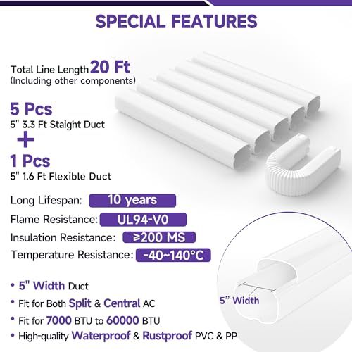 White 5-Inch x 20Ft Mini Split Line Set Cover Kit UV-Proof - House Safe