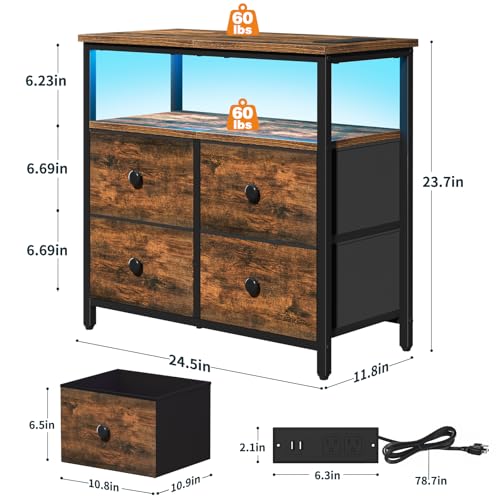 Yoobure Rustic Brown Nightstand with Charging Station & LED Light, 4 Drawers