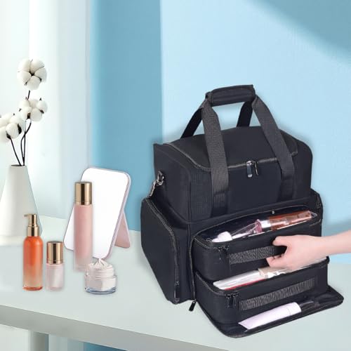 Large Makeup Bag with 2 Removable Case Multifunctional Cosmetic Bag Double Layer Travel Toiletry Organizer,Black