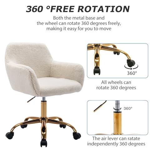 Faux Fur Office Desk Chair with Wheels and Adjustable Height - White with Gold Base Variation