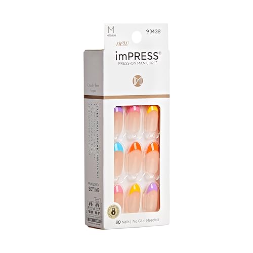 KISS Impress Press-On Manicure Fake Nails, Young Love - Medium Length, Almond Shape, Polish-Free Multicolor French Tip Design Mani, Includes Prep Pad, Mini File, Manicure Stick, and 30 Fake Nails