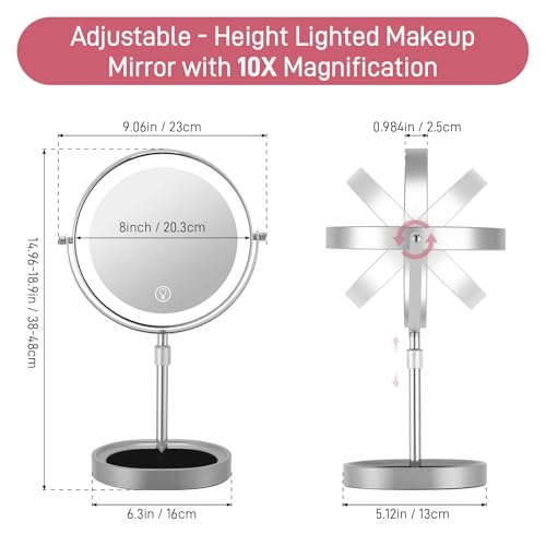 Rechargeable Adjustable-Height Makeup Mirror with 3 Color Lights,Touch Screen and Dimmable Settings,8'' Dual-Sided 1X/10X,360¡Æ Rotation Vanity Mirror with Jewelry Tray,Lighting Cosmetic Mirror
