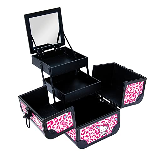 Impressions Vanity Hello Kitty SlayCube Makeup Travel Case with Durable Outer, Makeup Organizer Case in Portable Size with 2 Extendable Trays and Flip Top Mirror (Pink Animal)