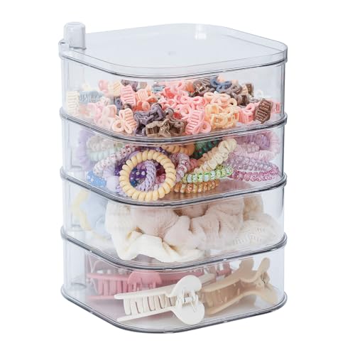 4-Layer Hair Tie Organizer with Rotating Stacks - Clear, Stackable