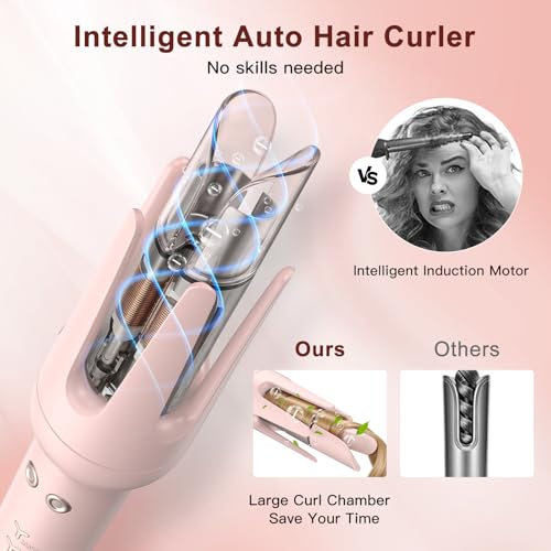 Laluztop Rose Gold Automatic Curling Iron – 4 Temp Auto Curl, 2-Way Rotation, Anti-Scald