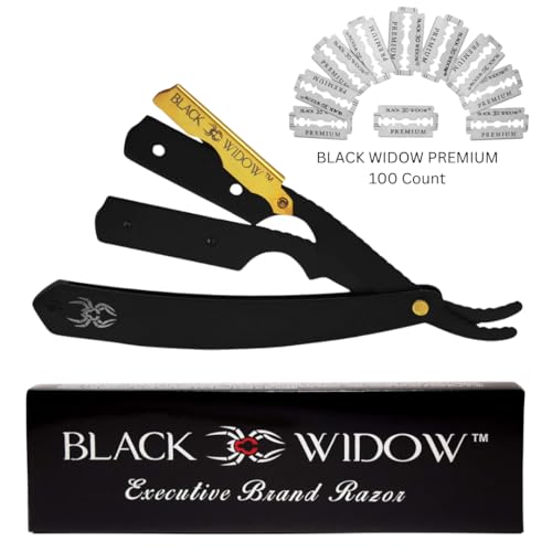 Black Widow Bundle Barber Straight Razor Gold and Matte Black - Premium Double Edge Razor Blades 100 Count Blades