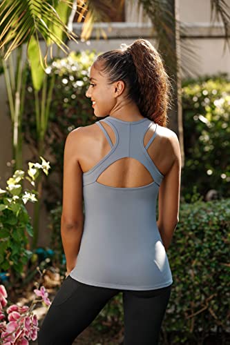 B-light Blue Running Girl Tank Top with Built-In Bra - Small Women's Athletic Yoga Top