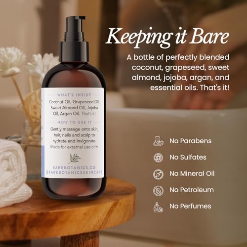 BARE BOTANICS 8 oz Moisturizing Unscented Body Oil - 100% Pure & Natural for Skin & Nails - Perfect for Moisturization - Vegan, Cruelty Free & Naturally Scented Hair Oil