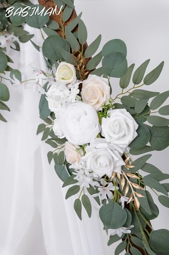 Wedding Arch Flowers Pack of 2 with Gauze Curtain for Ceremony & Reception - White Variation