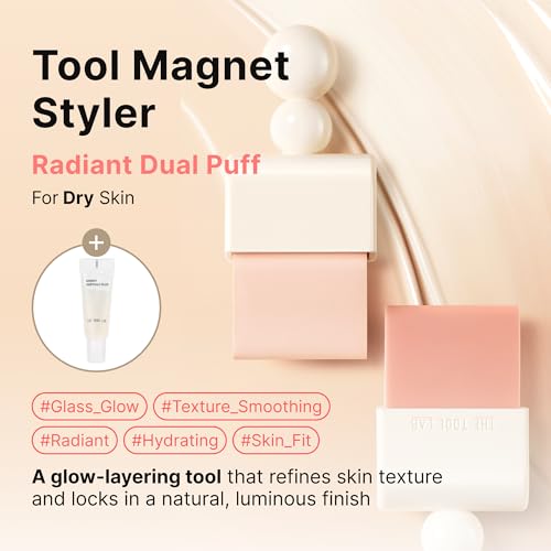 THE TOOL LAB Magnet Styler Radiant Dual Puff, Liquid Foundation Application with Silicone Spatula & Tapping Puff, Liquid Cream Makeup Blending Tool, Korean Makeup (1 Count)