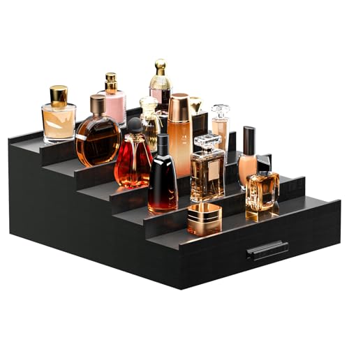 Sephyroth Cologne Organizer 5 Tier of Elegant Bamboo Perfume Organizer for Men with Hidden Storage and Practical Drawer, Perfect for Cologne Display & Gift (5T-Black)