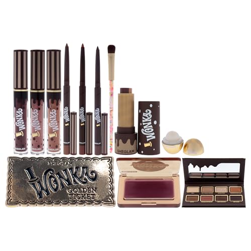 Sheglam Willy Wonka The Chocolate Factory Full Collection Set for Women - 12 Pc Gift Set with Golden Egg Solid Perfume, Eyeshadow Palette, Lip Balm, Blush, Lip Gloss, Lip Liner, Brush & Golden Ticket