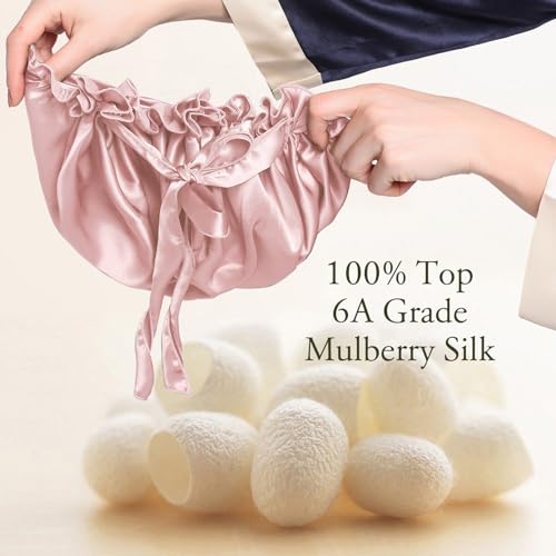 Silk Sleep Cap for Women - Adjustable Mulberry Silk Bonnet Rosy Pink