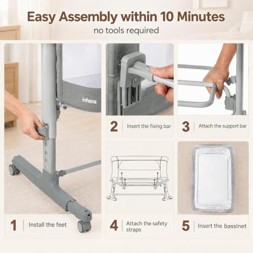 INFANS 3-in-1 Baby Bassinet Bedside Sleeper with Manual Rocking - Light Grey, 34 x 25 x 32 inches