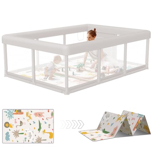 Large Baby Playpen 74x50 Inches with Mat, Pet-Free, Safe Anti-Collision Mesh