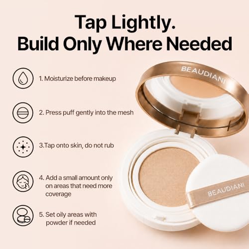 BEAUDIANI Mesh Glow Cushion Foundation #1 Light Natural Daily - Korean Dewy Makeup Compact with Puff