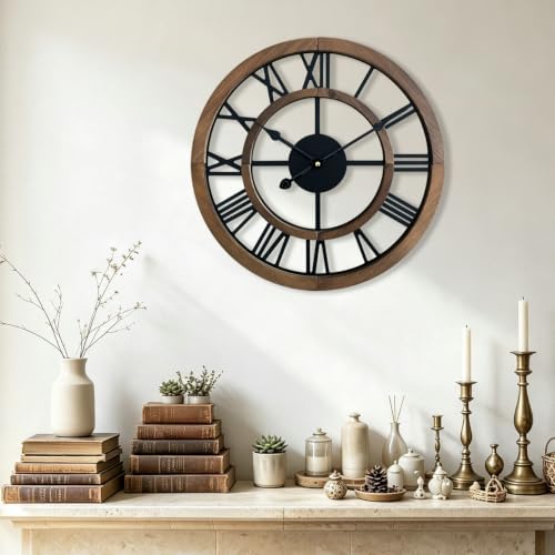 16 Inch Rustic Wall Clock - Silent Wooden Farmhouse Decor with Roman Numerals
