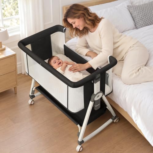 KOLOIO Black 3-in-1 Baby Bedside Bassinet, Portable Crib with Storage & Adjustable Height