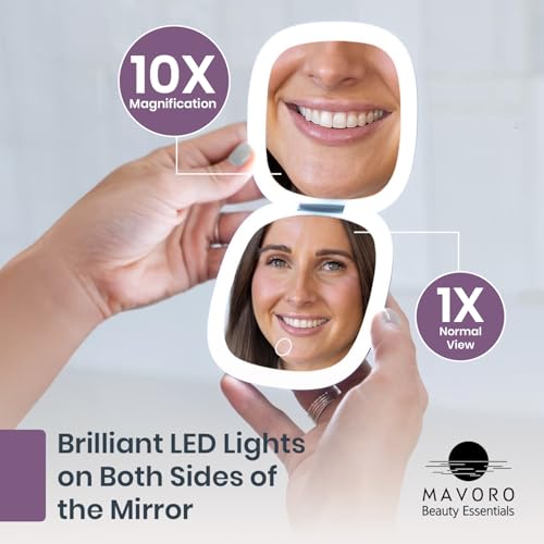 LED Compact Travel Makeup Mirror - 1x/10x Magnification, Dimmable, USB-C Violet Mist