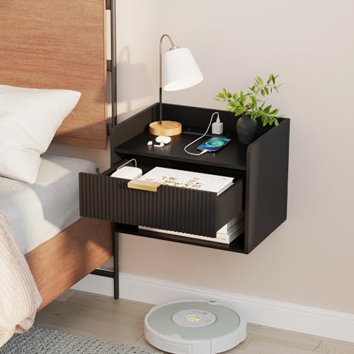 Black Floating Nightstand Set of 2 with Charging Stations & Drawer - Wall-Mounted Bedroom Furniture