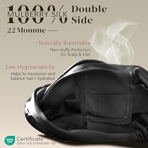 ZIMASILK 22 Momme Black Mulberry Silk Bonnet for Sleeping, One Size