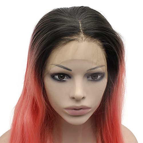Long Black Roots Pink Synthetic Lace Front Wig - Hand Tied Heat-Resistant Hair