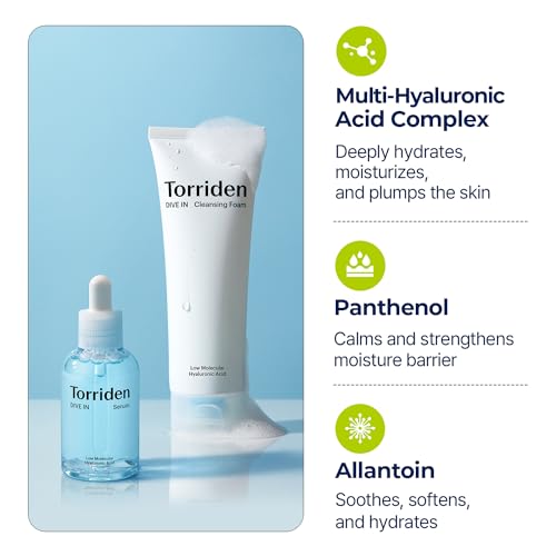 TORRIDEN Dive-in Low-molecular Hyaluronic Acid Serum 1.69 fl oz + Facial Cleansing Foam 5.07 fl oz | Vegan Clean Cruelty Free Facial Deep Hydrating Moisturizer and Cleanser