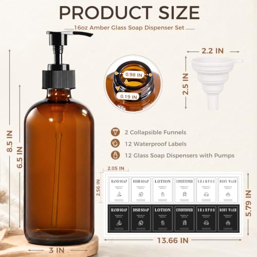 TBWIND 16oz Amber Glass Pump Bottles with Dispensers - Set of 12, UV-Protected, Refillable