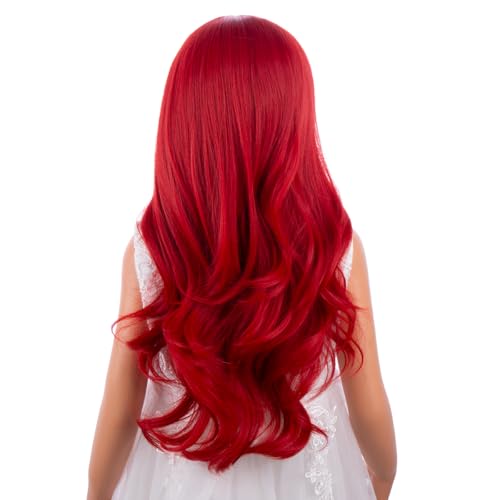 Girl Bright Red Wavy Curly Wig for Kids - Long Hair, Secure Fit, Heat-Resistant Synthetic