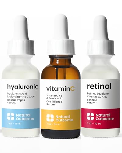 Natural Outcome Hyaluronic Acid, Vitamin C & Retinol Serum Set – Day & Night Anti-Aging (1 oz each), Vegan & Fragrance Free