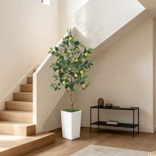 5FT Artificial Lemon Tree with White Tall Planter - Realistic Faux Plant