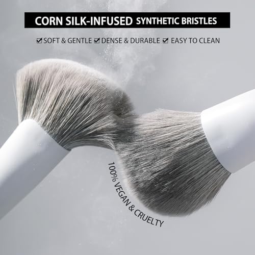 White Professional Makeup Brush Set - 12 Dense Synthetic Brushes for Face & Eyes, Elegant Storage