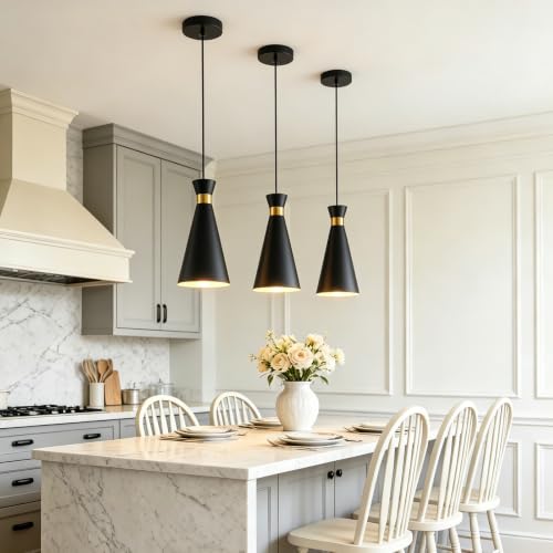 3-Pack Modern Black and Gold Pendant Lights for Kitchen Island - 13"H, Adjustable