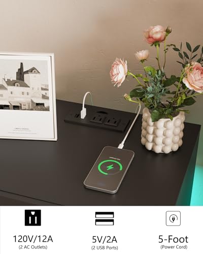 Black Nightstand with Charging Station & LED Lights, Modern Bedside Table with 2 Drawers