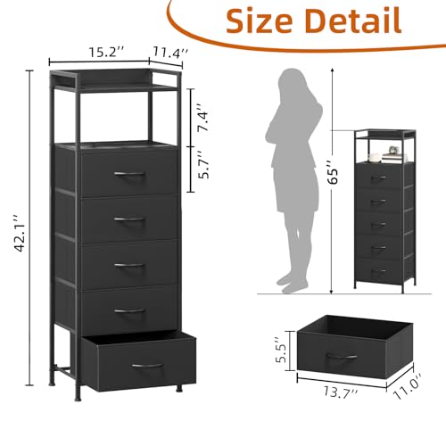 Tall Fabric Dresser with 5 Drawers - Modern Bedroom Storage Nightstand - Black, 11.4 x 15.2 x 42.1 Inches