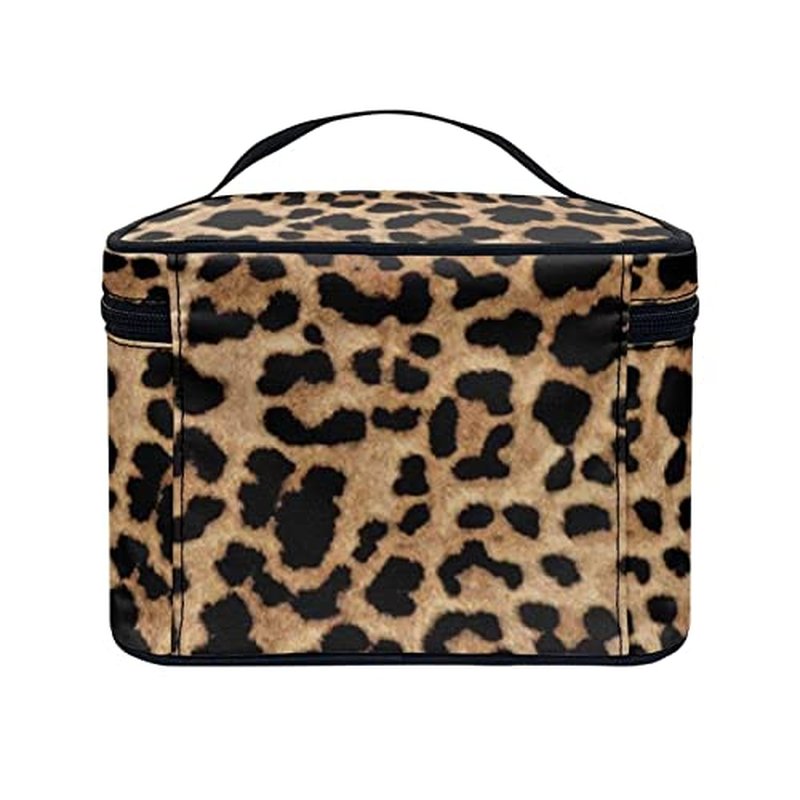 JEOCODY Leopard Print Makeup Pouch Multifunction Cosmetic Bag with Handle Toiletry Bag Waterproof Travel Hanging Organizer Bag for Women Girls
