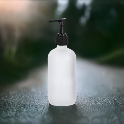 8 oz Frosted Glass Boston Round Bottle with Black Lotion Pump - 4 Pack