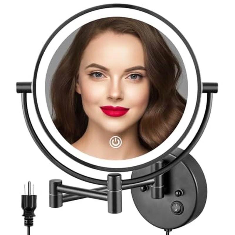 ALHAKIN 9" Wall Mounted Lighted Makeup Mirror, Large Double Sided 1X/10X Magnifying Mirror with 3 Color Lights Dimmable, 360¡Æ Rotation, Black