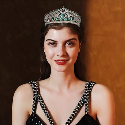 Crystal Wedding Tiara for Women Royal Queen Crown Headband - Gold & Green Style D