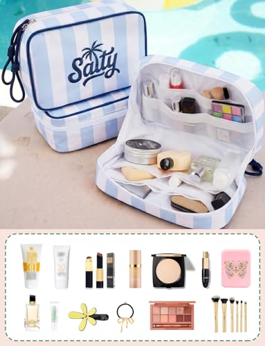 Travel Makeup Bag with Embroidered Salty Letter - Blue Striped Cosmetic Organizer for Women, Vacation & Beach Trips
