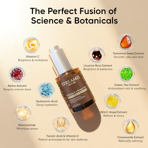 Streamis Skincare: Vitamin C + Green Tea Hydrating & Brightening Face Serum - With Niacinamide, Vitamin E, Hyaluronic Acid, Ferulic Acid & Powerful Botanical Extract Blend, Fragrance Free, 30ml.