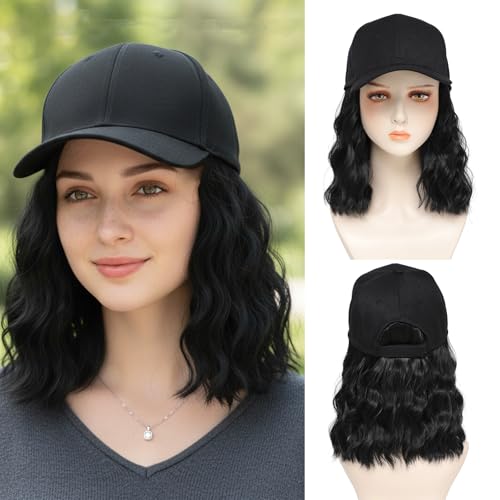 14 Inch Black Synthetic Wavy Wig Hat with Natural Wave Hair Extensions for Women — Adjustable Baseball Cap Style
