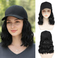 14 Inch Black Synthetic Wavy Wig Hat with Natural Wave Hair Extensions for Women — Adjustable Baseball Cap Style
