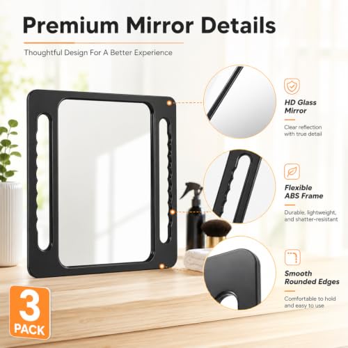3 Pack Unbreakable Portable Makeup & Handheld Mirror with Double Handles - Large Salon Tray Mirror for Stylists & Barbers - Variation 3
