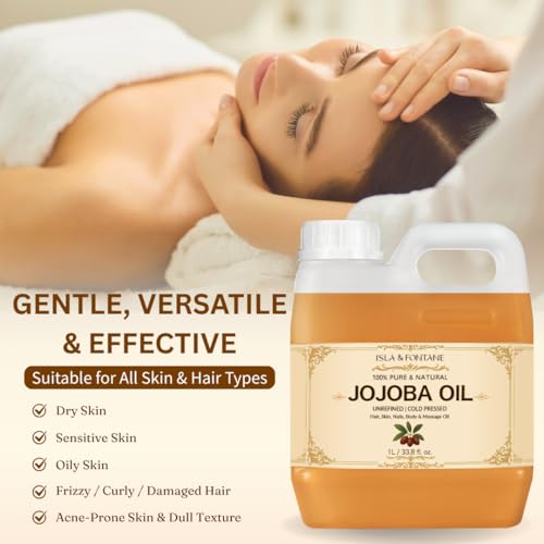 ISLA & FONTANE Jojoba Oil ? 1L (33.8 fl oz) | 100% Pure & Natural | Golden, Unrefined, Cold Pressed | Hexane-Free Carrier Oil for Skin, Hair, Face, Nails & Body Moisturizing