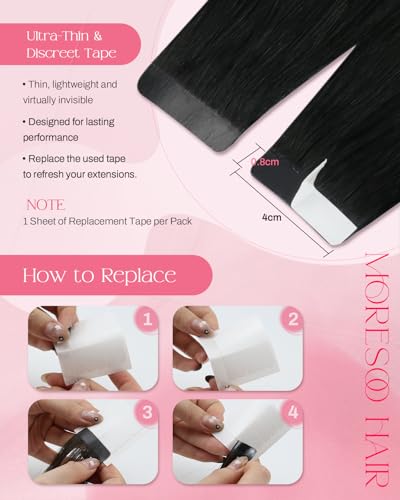 Moresoo Deep Black Human Hair Tape-In Extensions 18 Inch 20Pcs 50g - Natural Blend