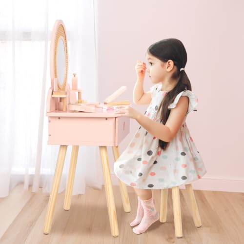 OOOK Toddler Vanity Set with 11 Accessories - Kids Dressing Table & Chair, Play & Learning Toy