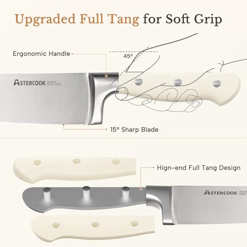 Cream White 14-Piece Kitchen Knife Set with Block & Sharpener - Full Tang Stainless Steel, Ergonomic Handle, Dishwasher Safe