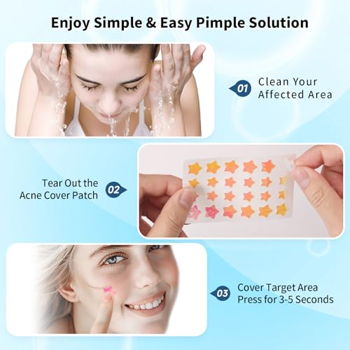Star Pimple Patch with Salicylic Acid Tea Tree Oil & Centella Asiatica, Hydrocolloid Pimple Stickers Iridescent Colors 96 Pcs 2 Sizes, Cute Star Heart Shaped Zits Blemishes Breakouts Patches