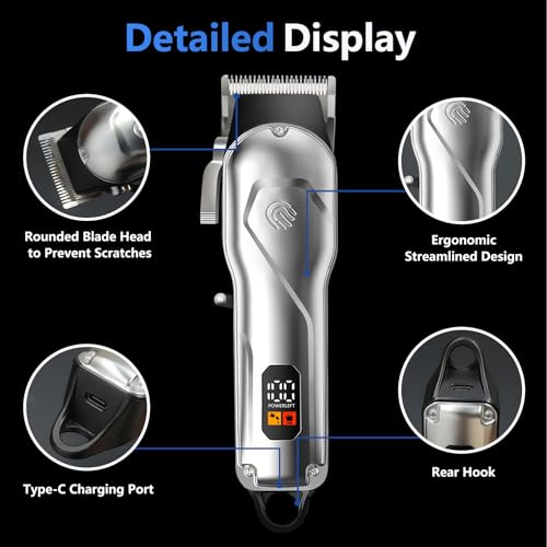 Professional Hair Clippers for Men, Cordless Rechargeable Hair Clipper with LCD Display, Household Trimmer Set for Haircut & Grooming(Silver-White)
